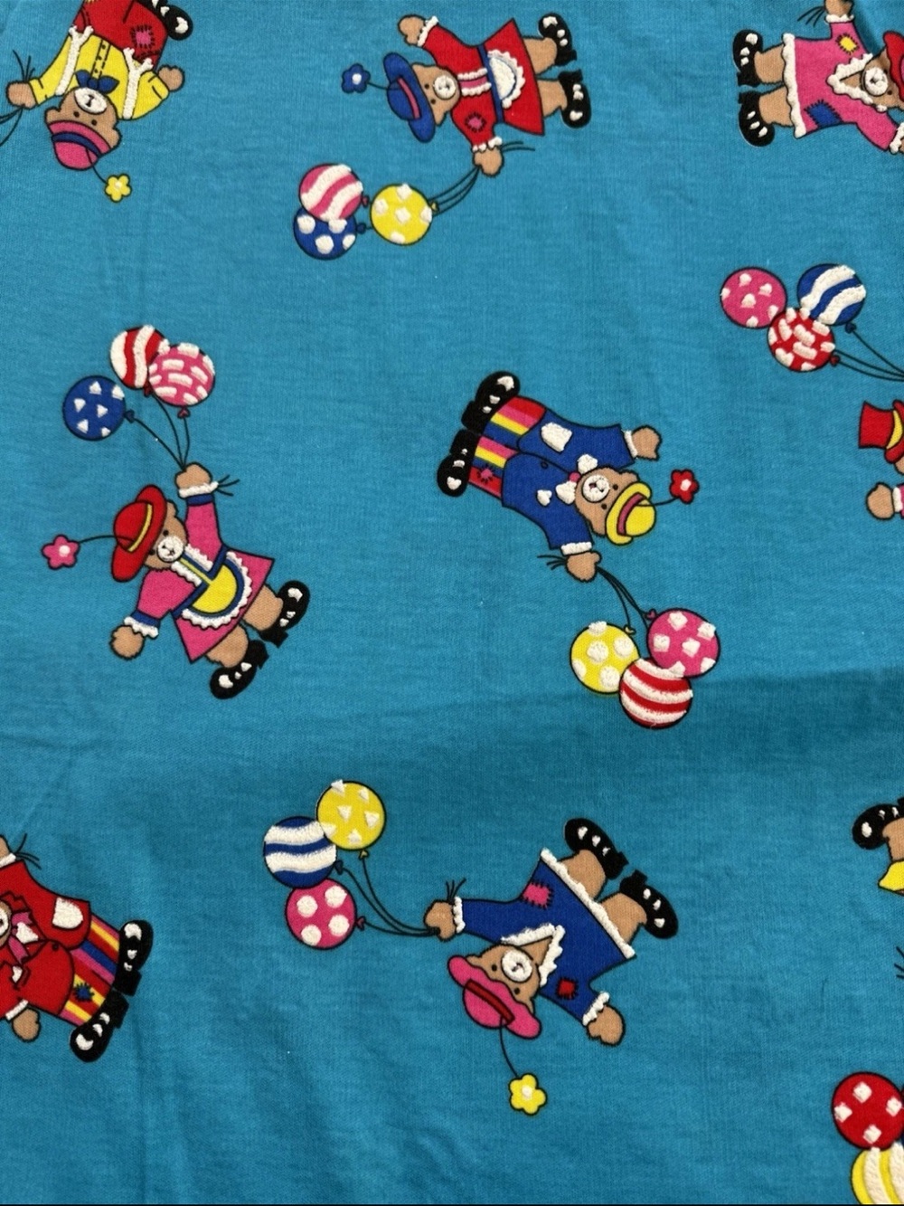 Vintage Teddy Bears Balloons Textured Print Stretch Knit Fabric Teal Wide Width